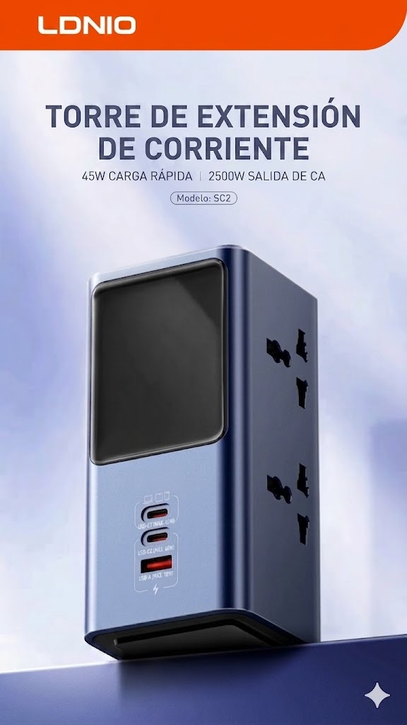 Torre LDNIO 2500W con pantalla LED y puertos USB-C