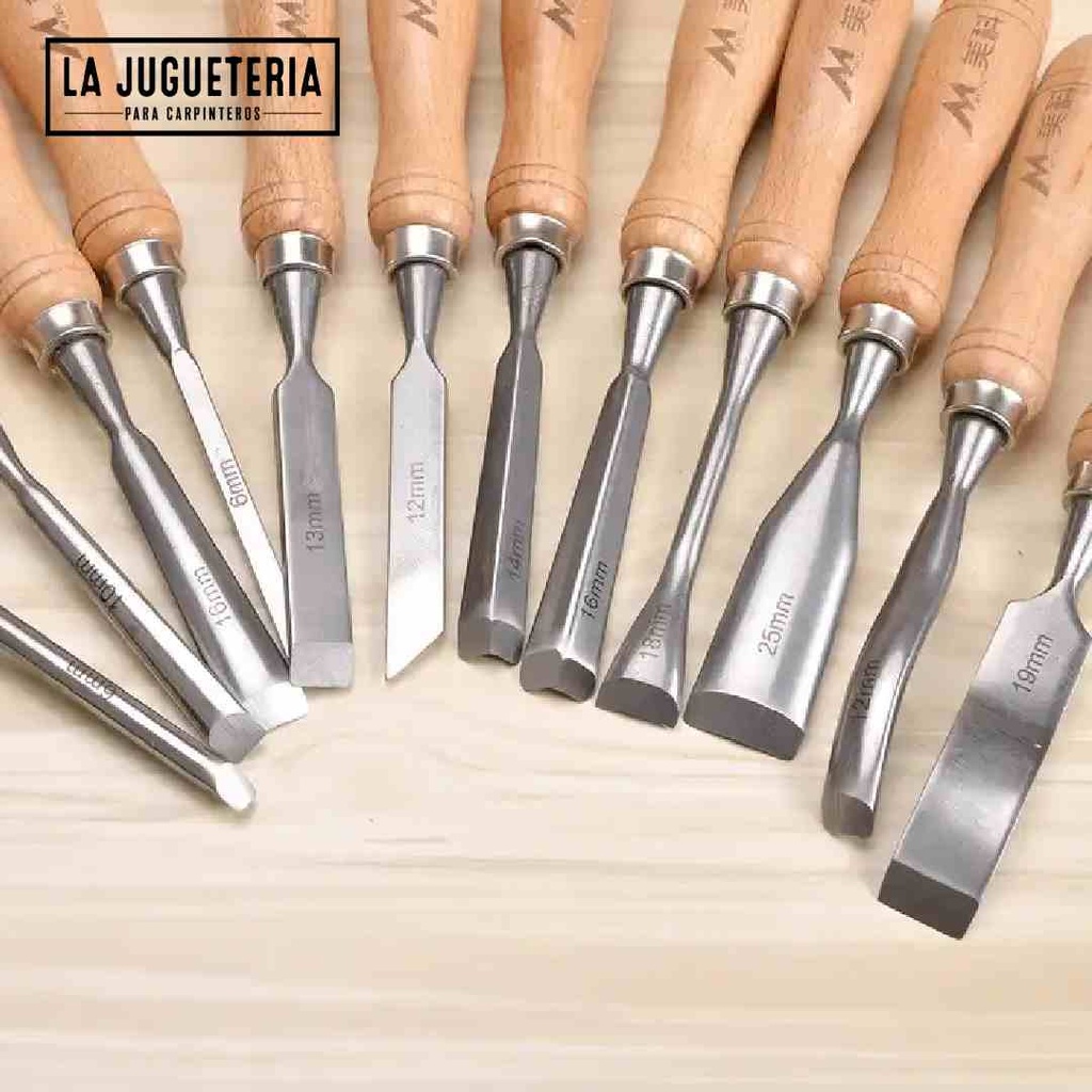 Juego de Gubias / cinceles para  talla. Set 12 unidades de acero al cromo vanadio con caja de madera