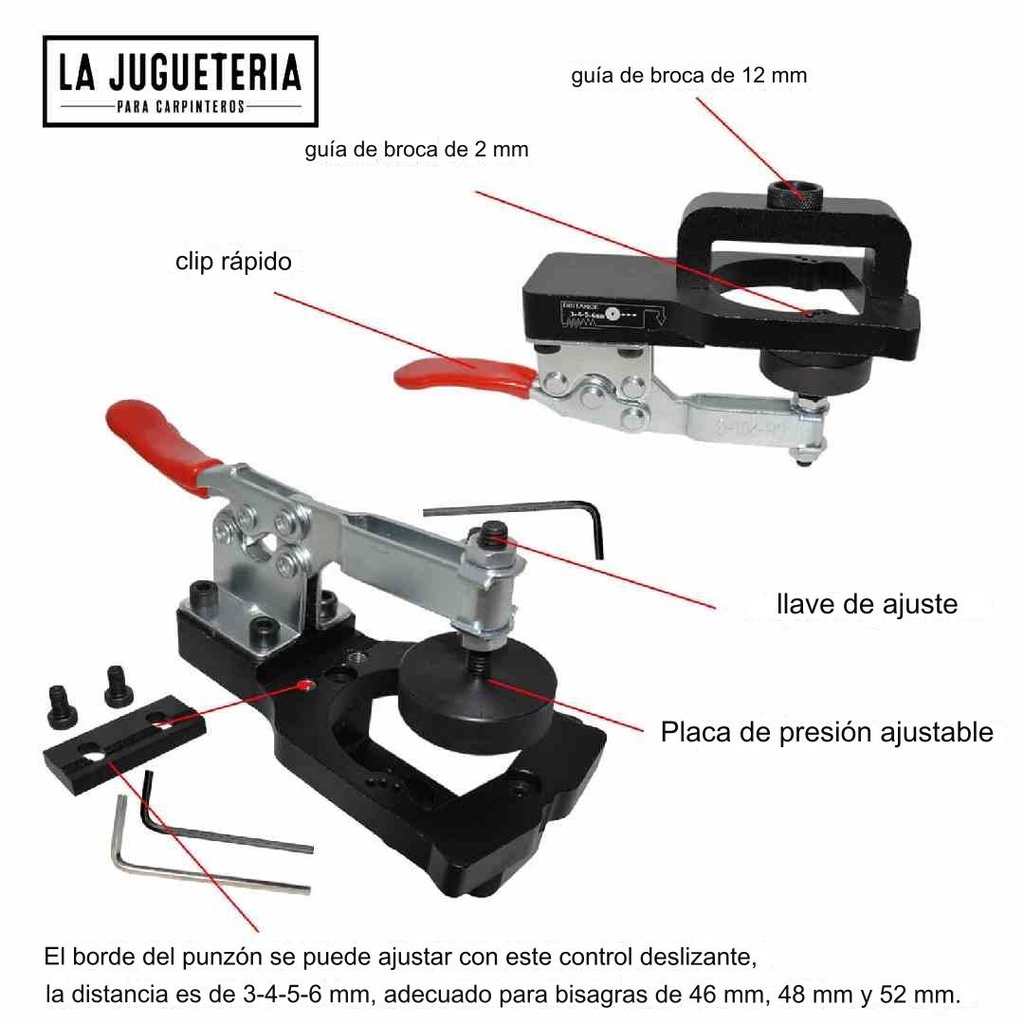 Guía de perforación de orificios para bisagras de cazoleta con abrazadera de fijación