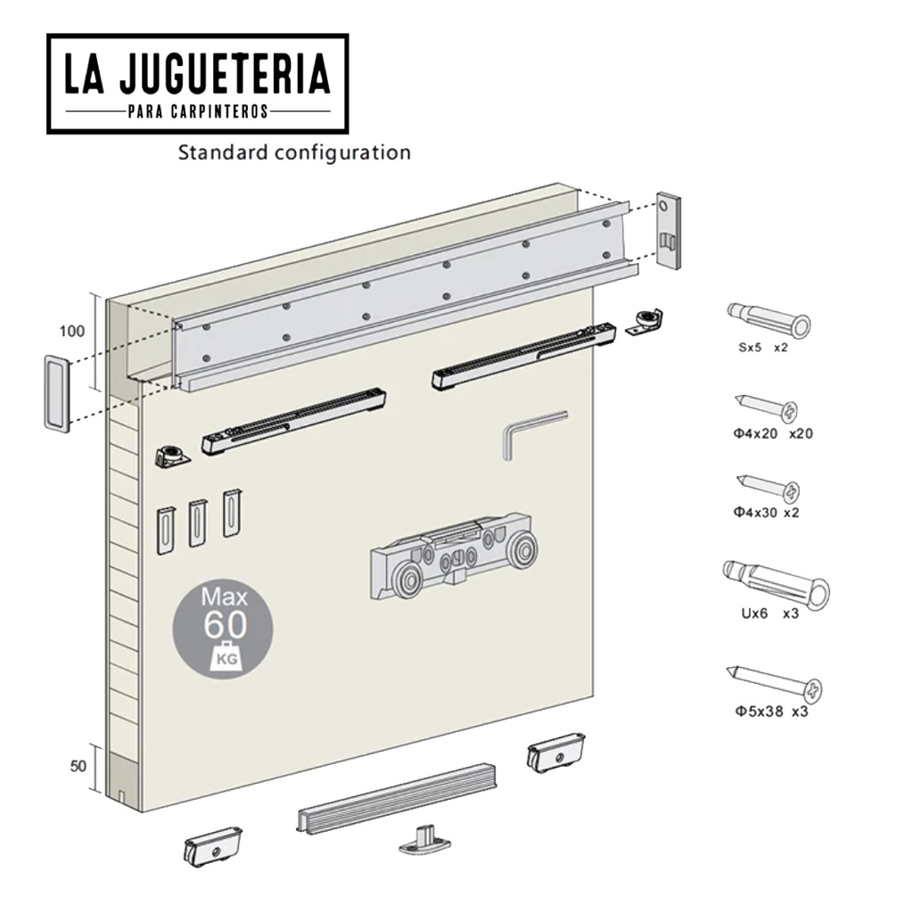 Kit de hardware deslizante para puertas de vidrio y madera - Sistema oculto SVA-041 para ducha y baño 