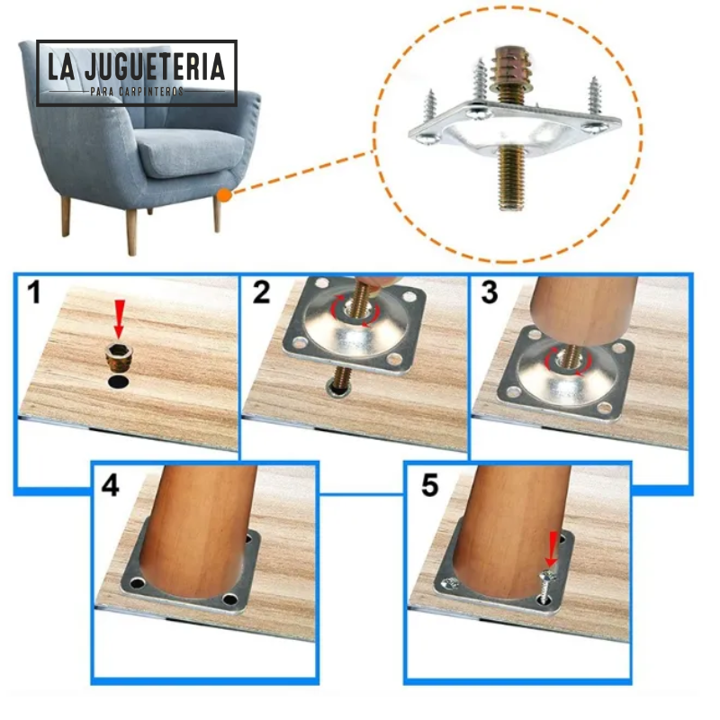 Placas de montaje para patas de mesa y sofás con pernos de suspensión