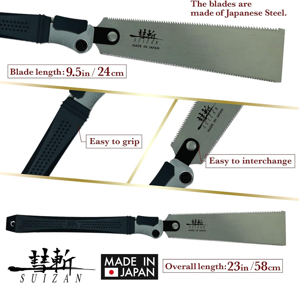 Sierra de tracción Ryoba plegable japonesa SUIZAN, sierra manual de doble filo de 9,5 pulgadas para carpintería