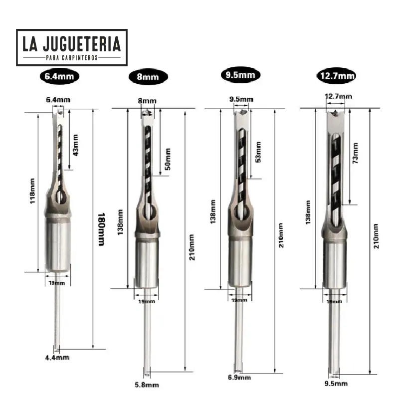 [A152] Brocas cuadradas escoplo ó mortiser 6.4-8-9.5-12.7mm. Set 4 pcs