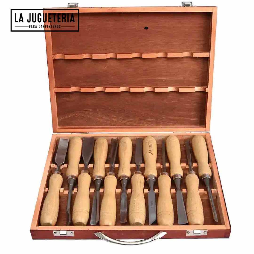 [A488] Juego de Gubias / cinceles para  talla. Set 12 unidades de acero al cromo vanadio con caja de madera