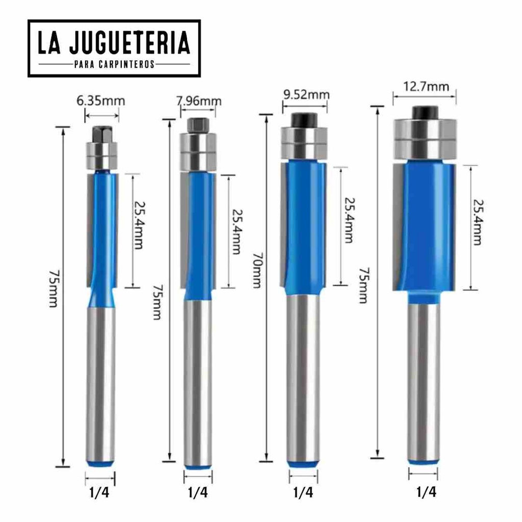 [A415] Fresas de corte recto, copiadoras con 2 rodamientos arriba. Vástago de 1/4" Tamaño 1/4 - 5/16 - 1/2 - 3/8. Set 4 pcs. Ref.P50