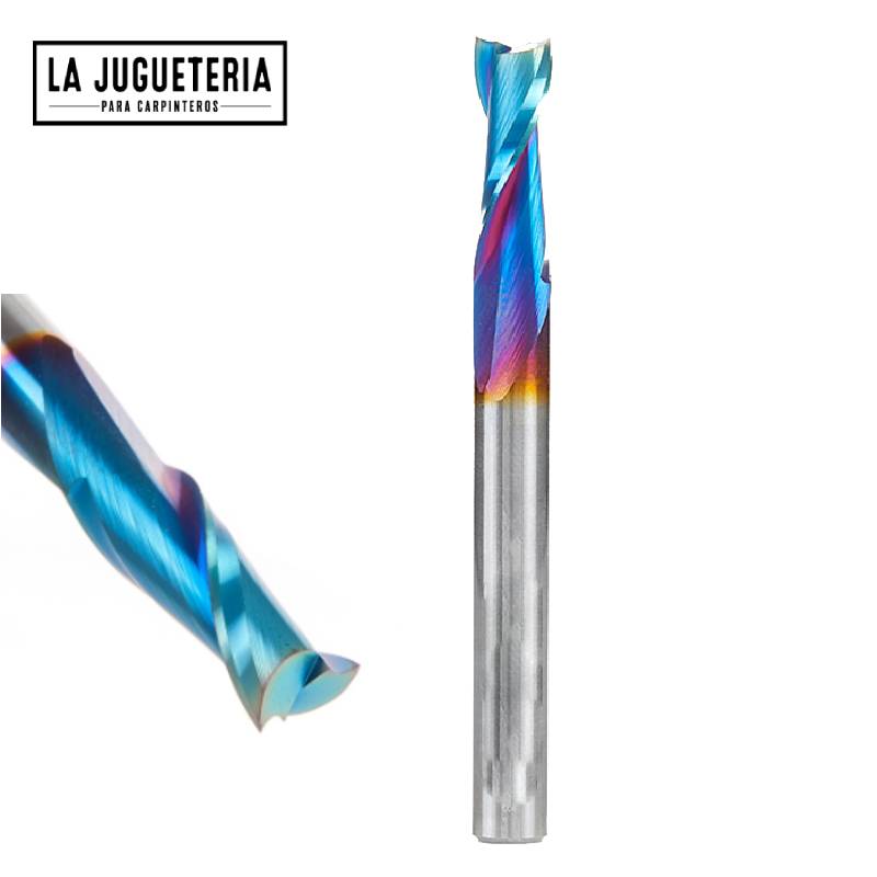 [A838] Fresa Diente de Perro de Carburo Sólido Nanoco azul con Recubrimiento , Espiral para Inmersión de 1/4" Diámetro x 3/4" de Longitud de Corte Ascendente / Vástago de 1/4"/ Ref.P54