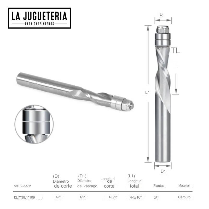 Copiadora de carburo sólido Down Cut con doble rodamiento 1/2"x1/2"x1-1/2"x4-5/16" Ref:G62
