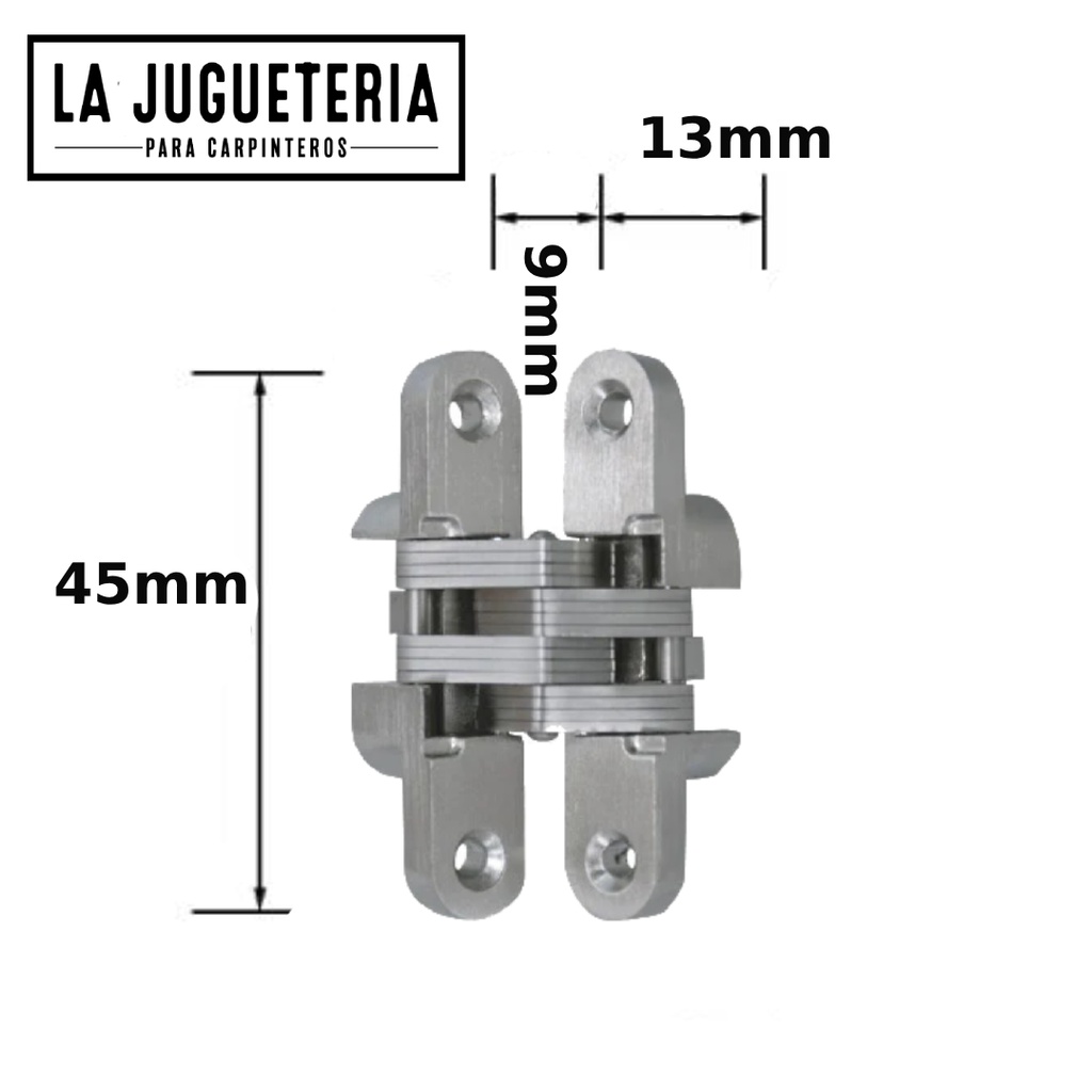 Bisagra oculta o invisible ECH para puertas de muebles y armarios - Aleación de zinc y acero inoxidable - Tamaño 45x13x9 mm - Color plateado