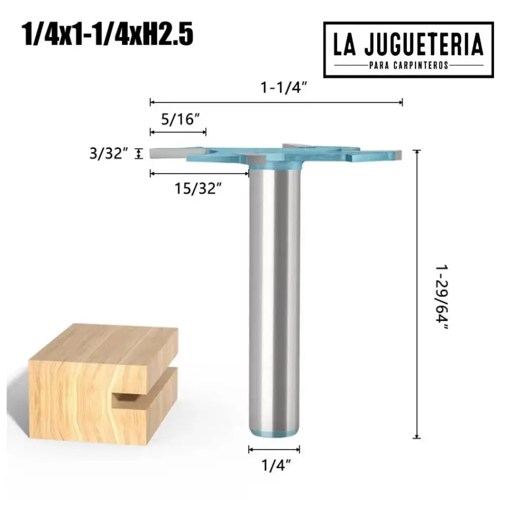[A975] Cortador de Ranurado Longitud 31.8*H2.5 “T” de 4 Bordes con Vástago de 1/4" (6,35 mm) – Broca Router de Grado Industrial para Madera Ref:P65