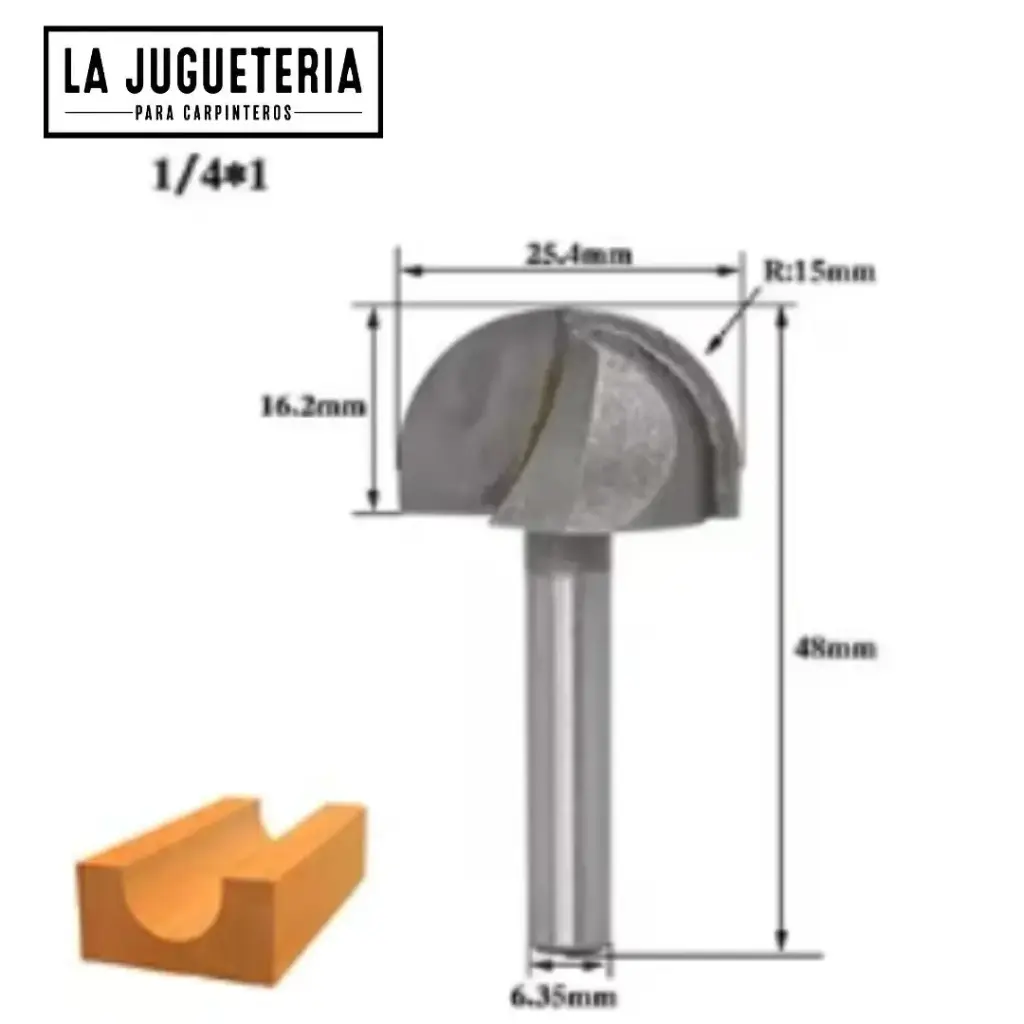 [A1097] Fresa de Media Caña para Router 1/4" x 1" - Radio 15 mm, Mango 6.35 mm  Noise – Broca Router de Grado Industrial para Madera Ref:P69