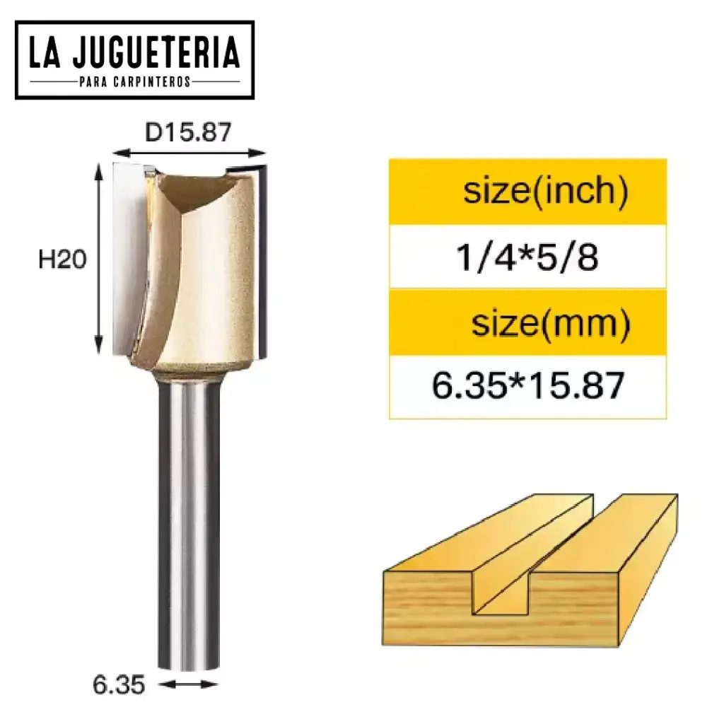 Fresa recta CNC – Corte 5/8" (15.87 mm), profundidad 20 mm, vástago 1/4" (6.35 mm)  Ref:P80