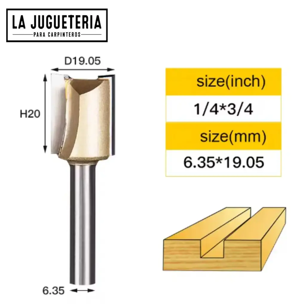 Fresa recta CNC – Corte 3/4" (19.05 mm), profundidad 20 mm, vástago 1/4" (6.35 mm)  Ref:P81