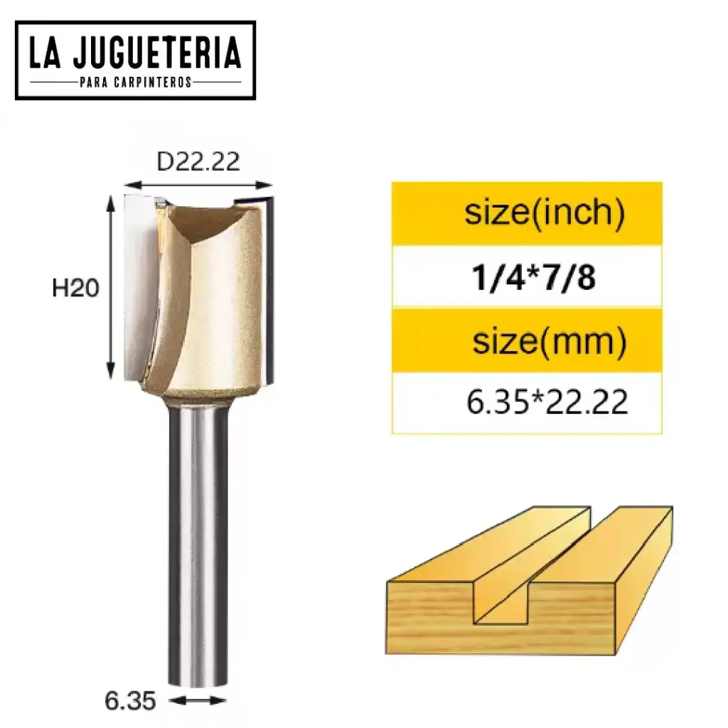 Fresa recta CNC – Corte 7/8" (22.22 mm), profundidad 20 mm, vástago 1/4" (6.35 mm)  Ref:P82