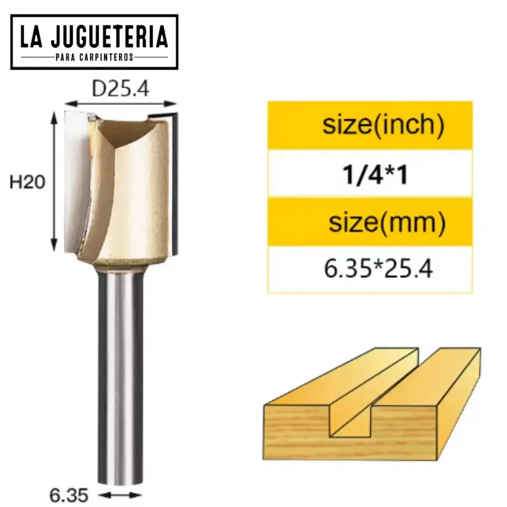 [A1105] Fresa recta CNC – Corte 1" (25.4 mm), profundidad 20 mm, vástago 1/4" (6.35 mm)  Ref:P83