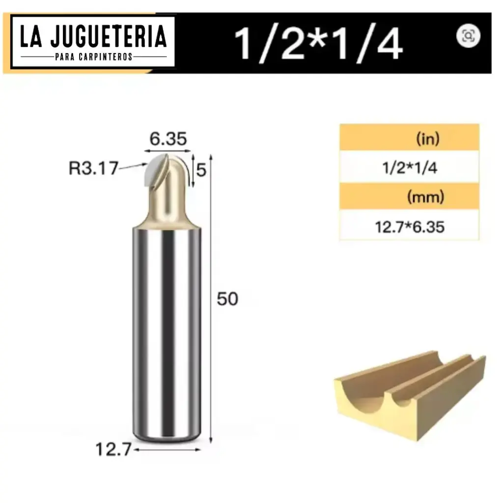 Fresa CNC Round Nose / Media Caña – Corte 1/4" (6.35 mm), radio 3.17 mm, vástago 1/2" (12.7 mm)  Ref:G90