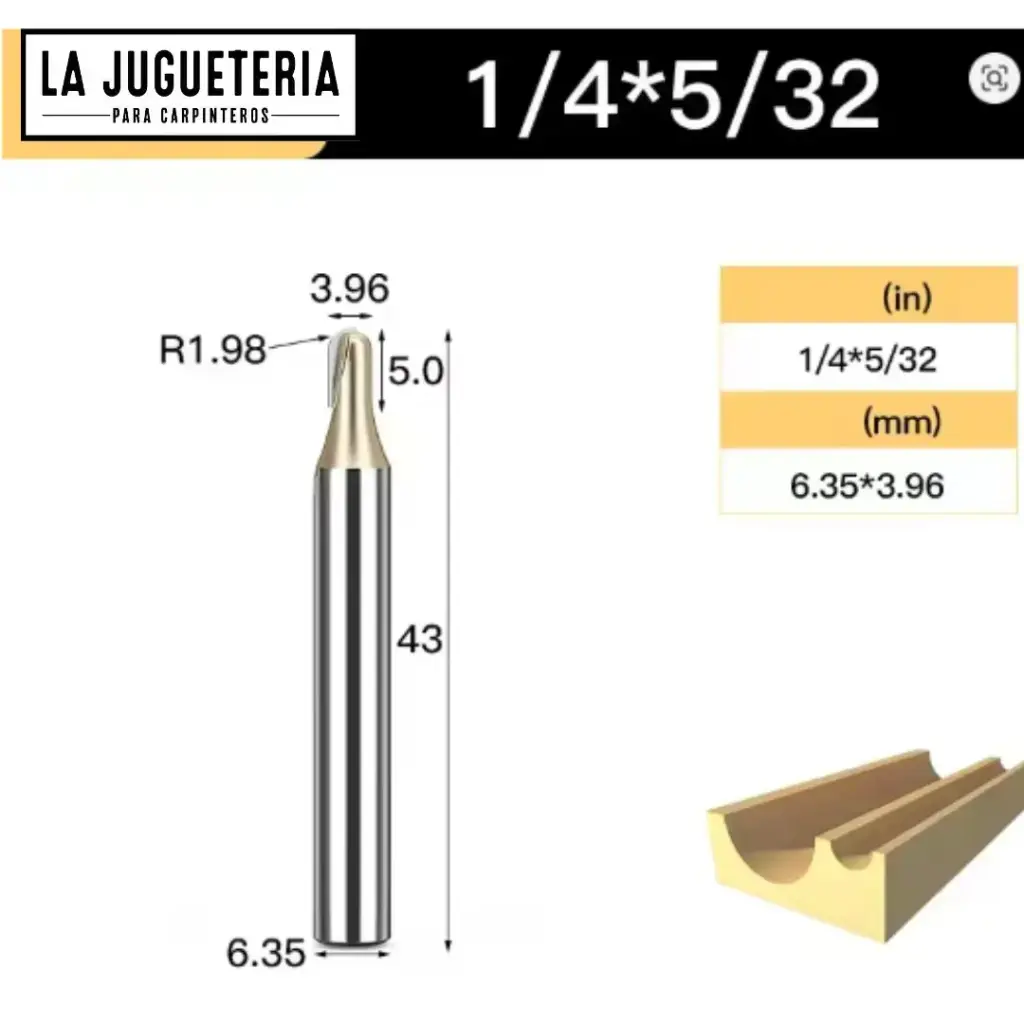 Fresa CNC Round Nose / Media Caña – Corte 5/32" (3.96 mm), radio 1.98 mm, vástago 1/4" (6.35 mm) Ref:P84