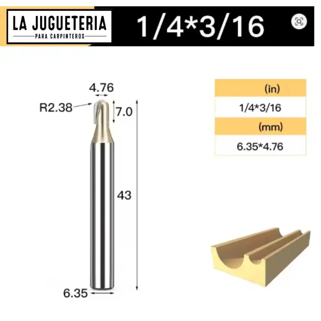 [A2272] Fresa CNC Round Nose / Media Caña – Corte 3/16" (4.76 mm), radio 2.38 mm, vástago 1/4" (6.35 mm) Ref:P85