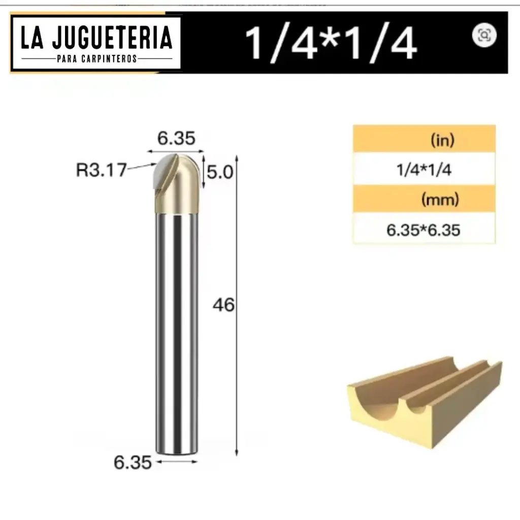 [A1068] Fresa CNC Round Nose / Media Caña – Corte 1/4" (6.35 mm), radio 3.17 mm, vástago 1/4" (6.35 mm)  Ref:P86