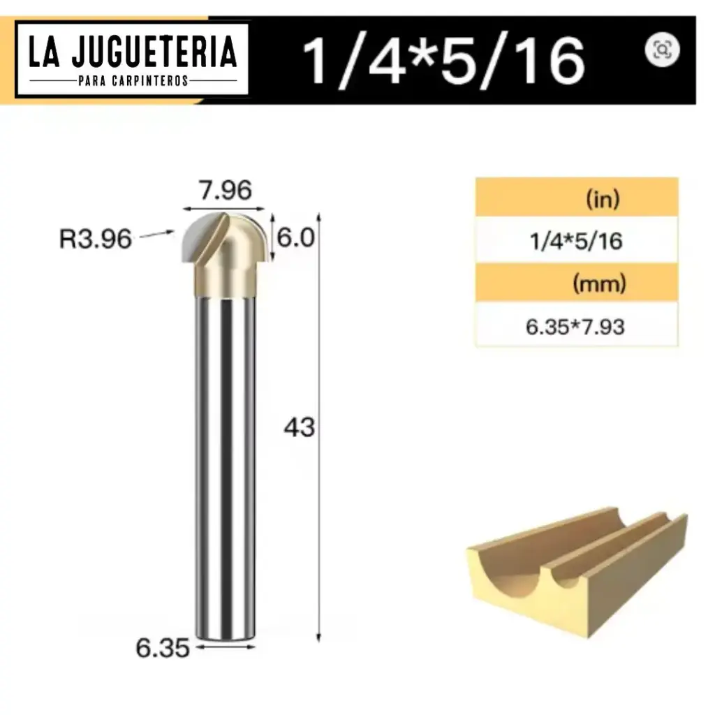 Fresa CNC Round Nose / Media Caña – Corte 5/16" (7.96 mm), radio 3.96 mm, vástago 1/4" (6.35 mm) Ref:P87