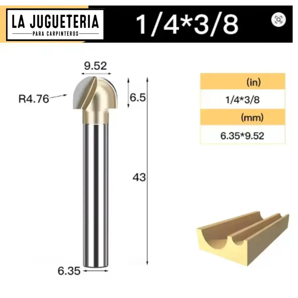 Fresa CNC Round Nose / Media Caña – Corte 3/8" (9.52 mm), radio 4.76 mm, vástago 1/4" (6.35 mm)  Ref:P88