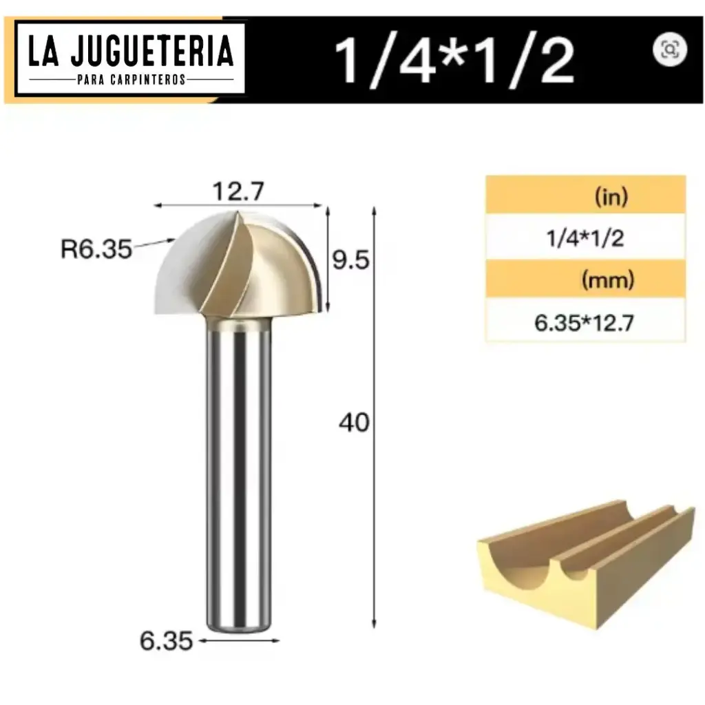 [A1066] Fresa CNC Round Nose / Media Caña – Corte 1/2" (12.7 mm), radio 6.35 mm, vástago 1/4" (6.35 mm)  Ref:P89