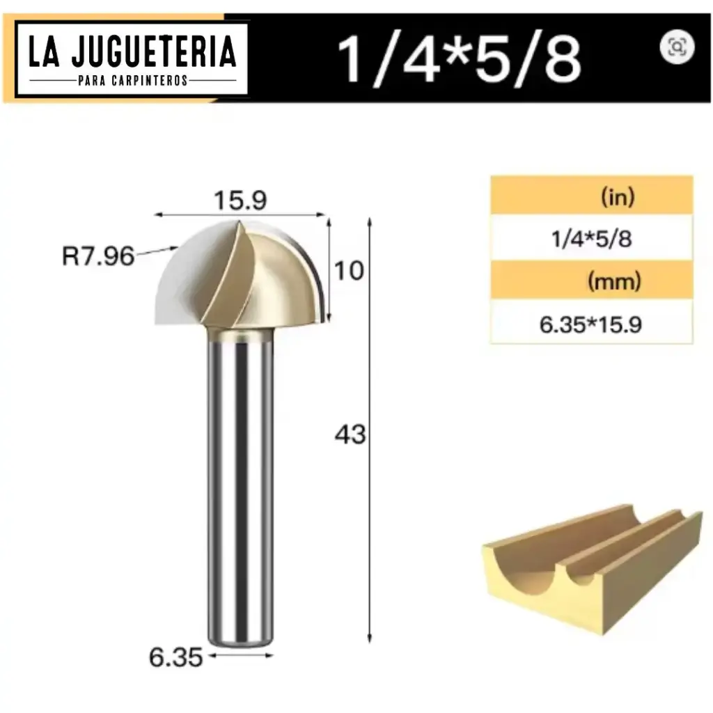 [A1079] Fresa CNC Round Nose / Media Caña – Corte 5/8" (15.9 mm), radio 7.96 mm, vástago 1/4" (6.35 mm) Ref:P90