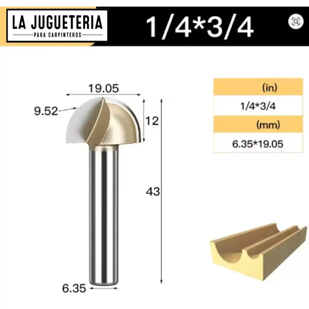 [A2274] Fresa CNC Round Nose / Media Caña – Corte 3/4" (19.05 mm), radio 9.52 mm, vástago 1/4" (6.35 mm)  Ref:P91
