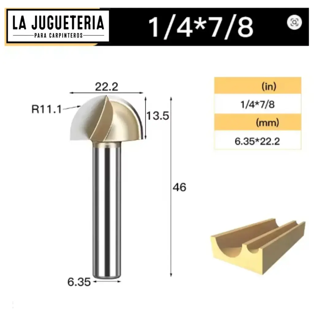 [A1081] Fresa CNC Round Nose / Media Caña – Corte 7/8" (22.2 mm), radio 11.1 mm, vástago 1/4" (6.35 mm)  Ref:P92