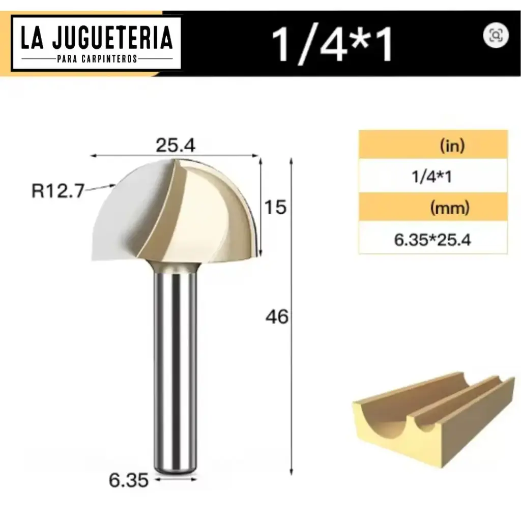 [A2260] Fresa CNC Round Nose / Media Caña – Corte 1" (25.4 mm), radio 12.7 mm, vástago 1/4" (6.35 mm) Ref:P93