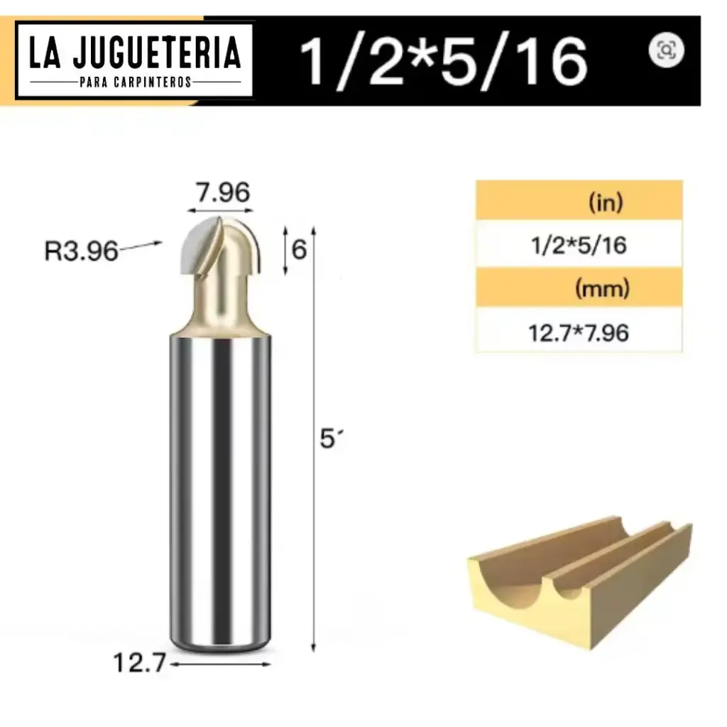 [A1075] Fresa CNC Round Nose / Media Caña – Corte 5/16" (7.96 mm), radio 3.96 mm, vástago 1/2" (12.7 mm)  Ref:G91