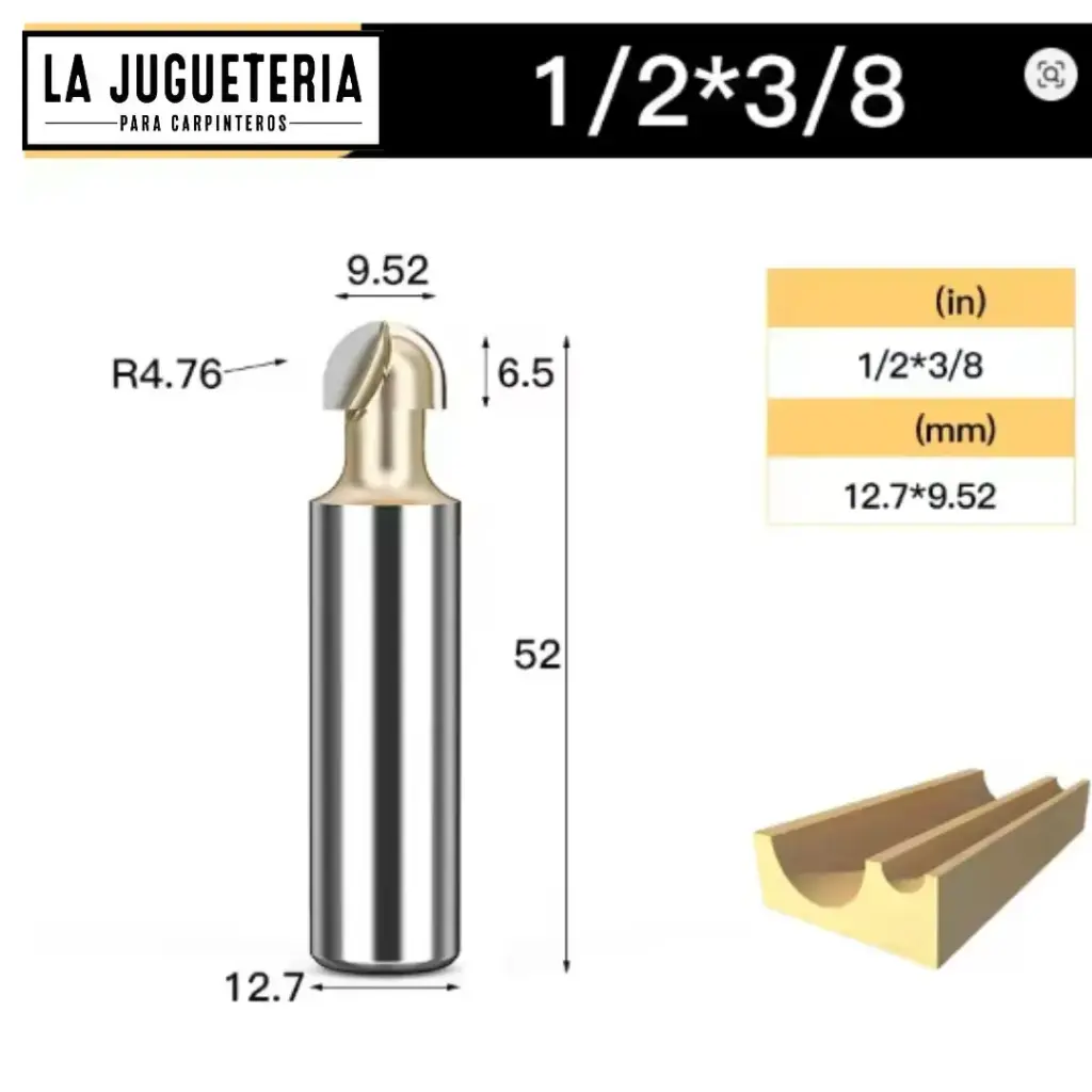 [A2275] Fresa CNC Round Nose / Media Caña – Corte 3/8" (9.52 mm), radio 4.76 mm, vástago 1/2" (12.7 mm)  Ref:G92