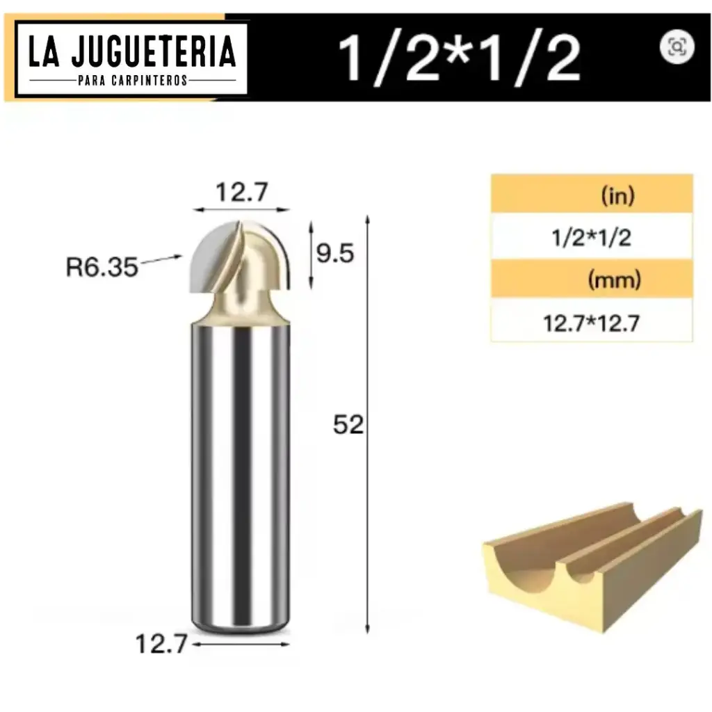[A2267] Fresa CNC Round Nose / Media Caña – Corte 1/2" (12.7 mm), radio 6.35 mm, vástago 1/2" (12.7 mm)  Ref:G93