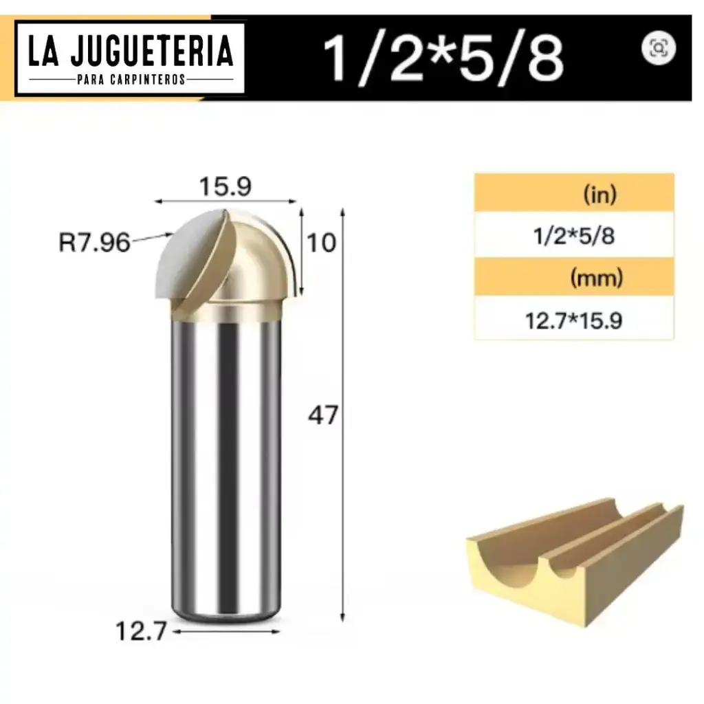 Fresa CNC Round Nose / Media Caña – Corte 5/8" (15.9 mm), radio 7.96 mm, vástago 1/2" (12.7 mm)  Ref:G94