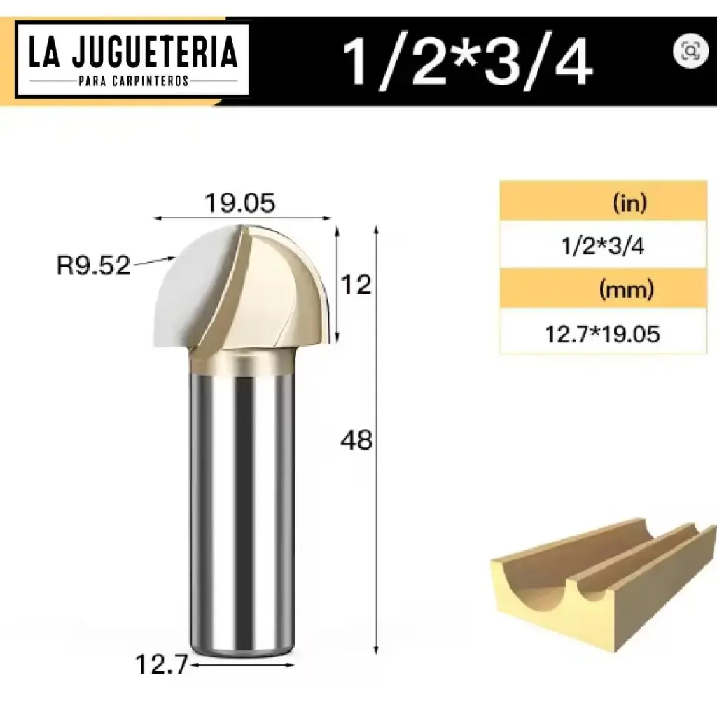 Fresa CNC Round Nose / Media Caña – Corte 3/4" (19.05 mm), radio 9.52 mm, vástago 1/2" (12.7 mm) Ref:G95