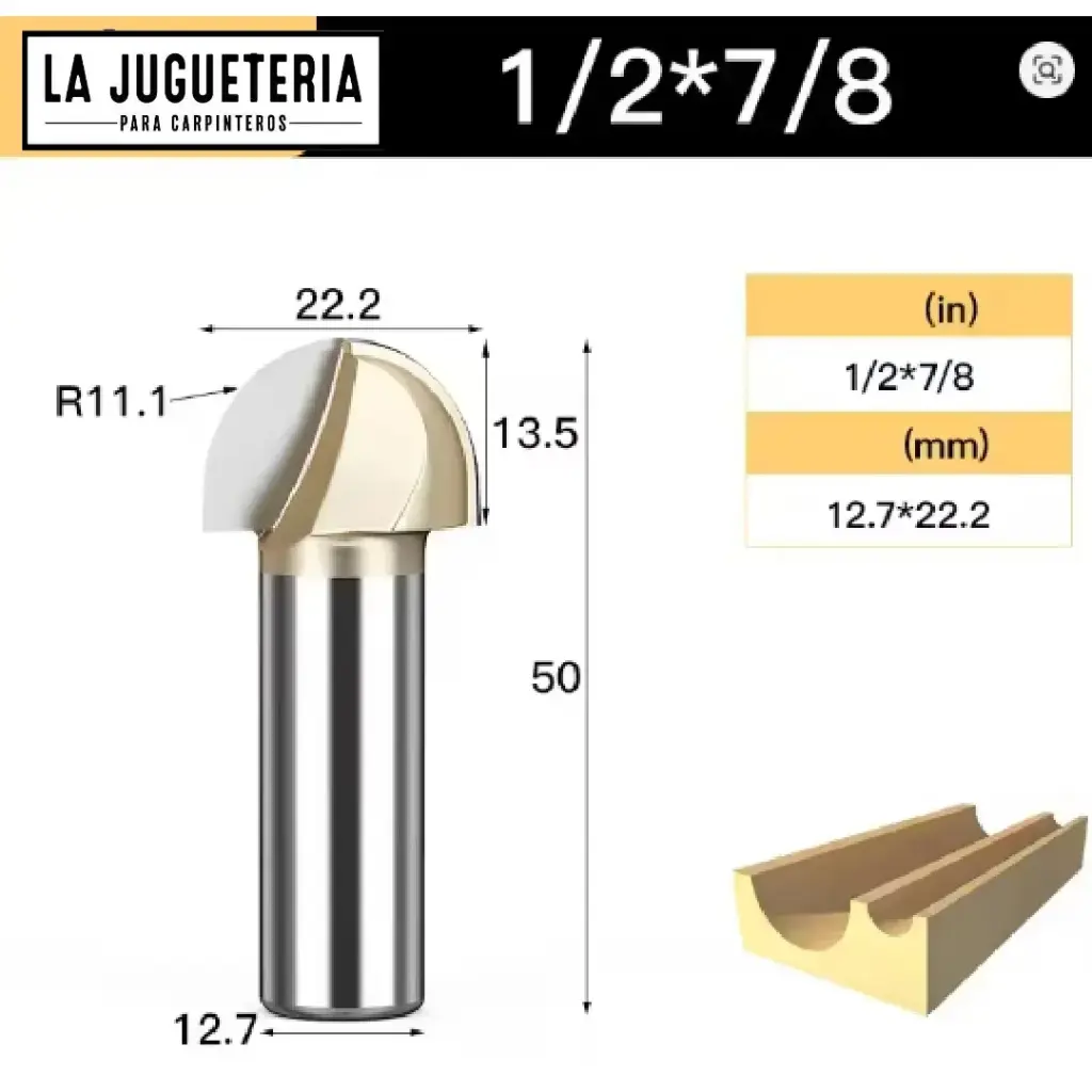 Fresa CNC Round Nose / Media Caña – Corte 7/8" (22.2 mm), radio 11.1 mm, vástago 1/2" (12.7 mm)  Ref:G96