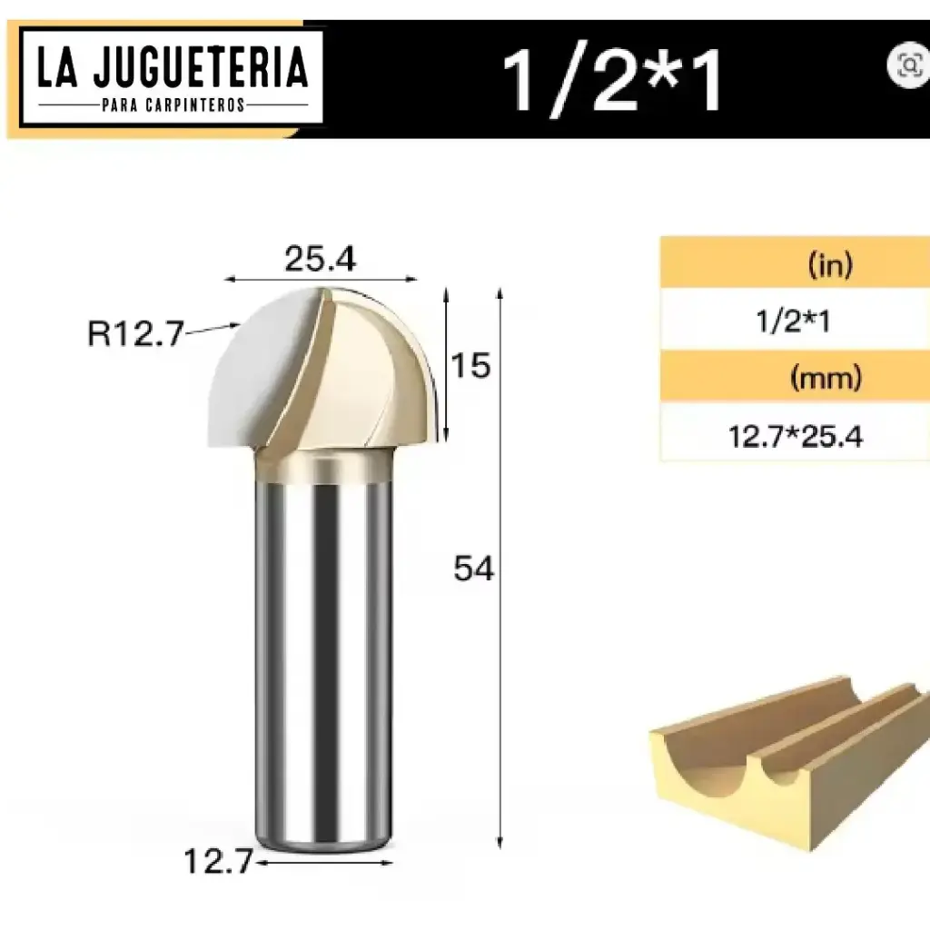 Fresa CNC Round Nose / Media Caña – Corte 1" (25.4 mm), radio 12.7 mm, vástago 1/2" (12.7 mm)  Ref:G97