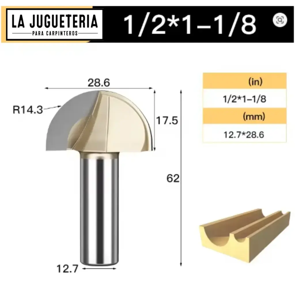 [A2263] Fresa CNC Round Nose / Media Caña – Corte 1-1/8" (28.6 mm), radio 14.3 mm, vástago 1/2" (12.7 mm)  Ref:G98