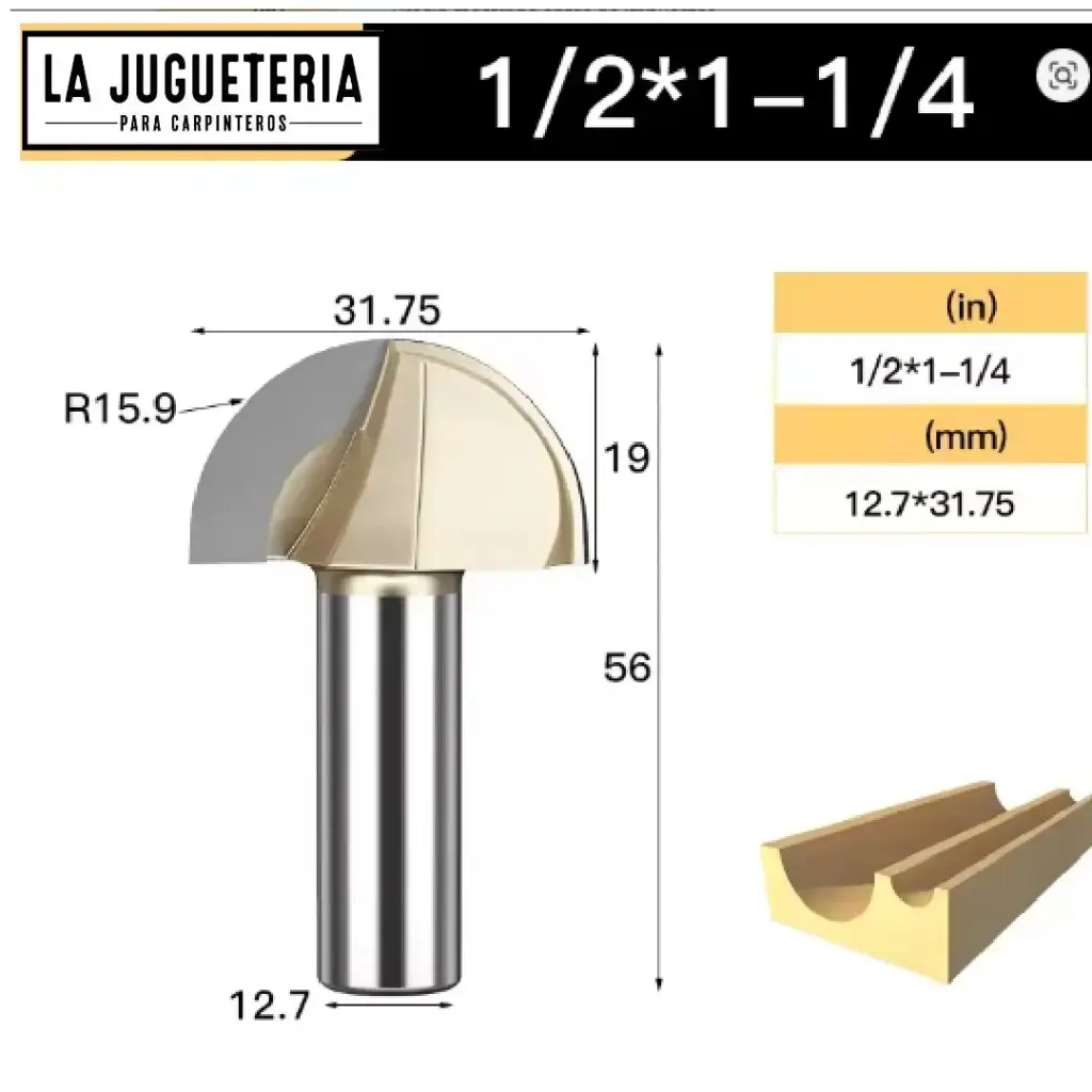 [A2262] Fresa CNC Round Nose / Media Caña – Corte 1-1/4" (31.75 mm), radio 15.9 mm, vástago 1/2" (12.7 mm) Ref:G99