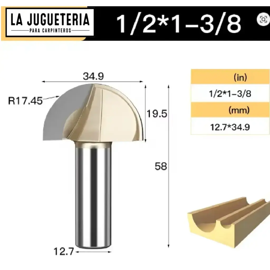 [A1063] Fresa CNC Round Nose / Media Caña – Corte 1-3/8" (34.9 mm), radio 17.45 mm, vástago 1/2" (12.7 mm)  Ref:G100