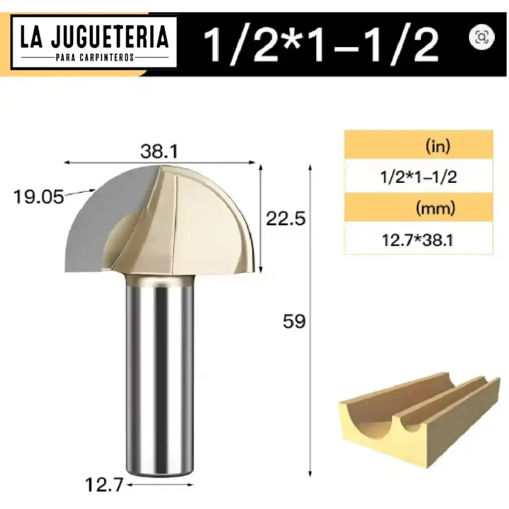 [A2261] Fresa CNC Round Nose / Media Caña – Corte 1-1/2" (38.1 mm), radio 19.05 mm, vástago 1/2" (12.7 mm) Ref:G101