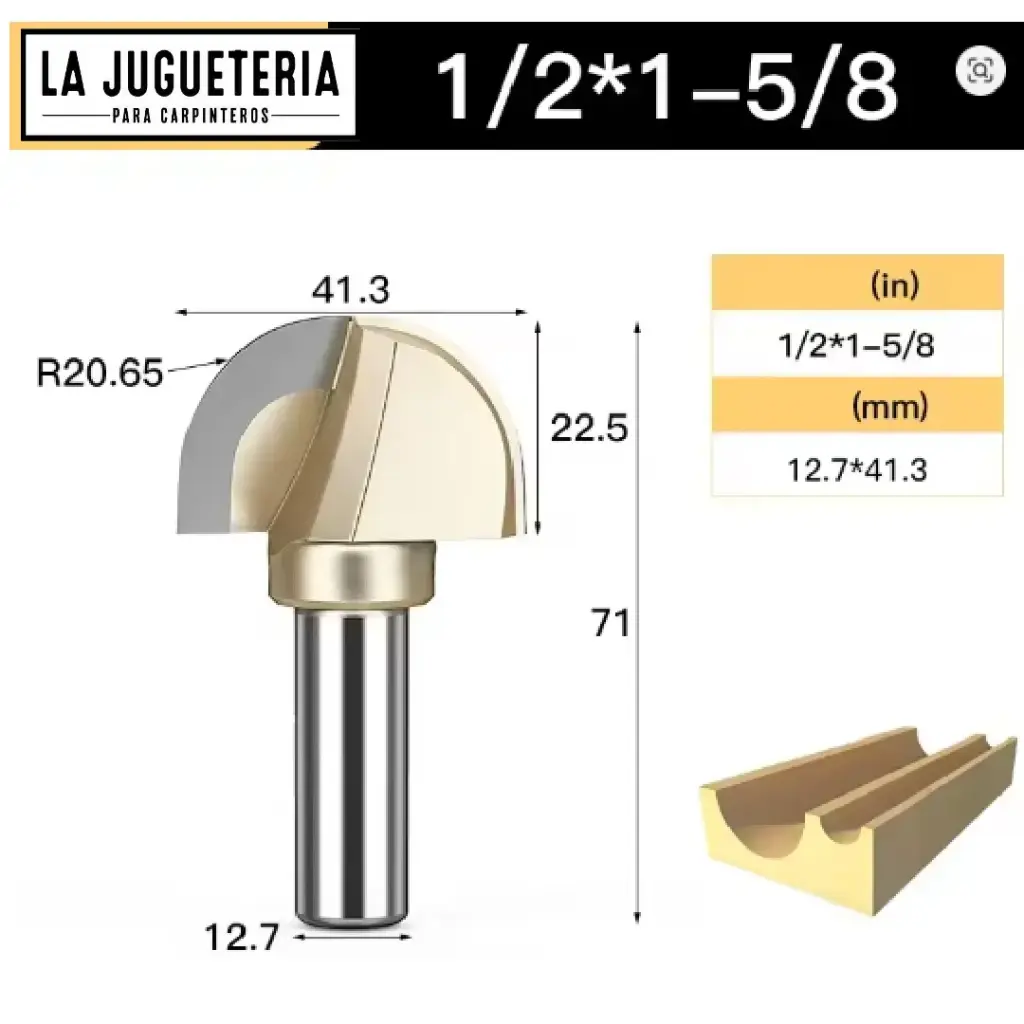 [A1064] Fresa CNC Round Nose / Media Caña – Corte 1-5/8" (41.3 mm), radio 20.65 mm, vástago 1/2" (12.7 mm)  Ref:G102