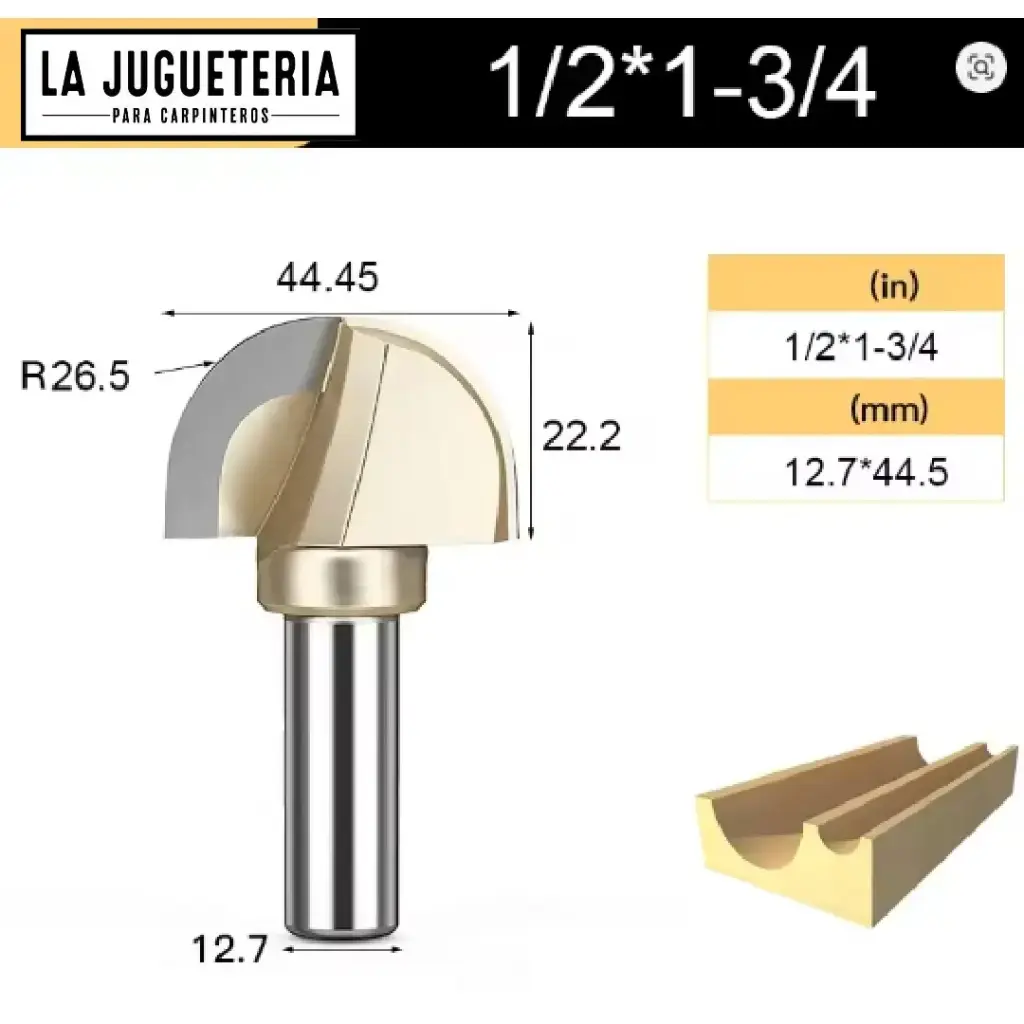 [A1062] Fresa CNC Round Nose / Media Caña – Corte 1-3/4" (44.45 mm), radio 26.5 mm, vástago 1/2" (12.7 mm)  Ref:G103