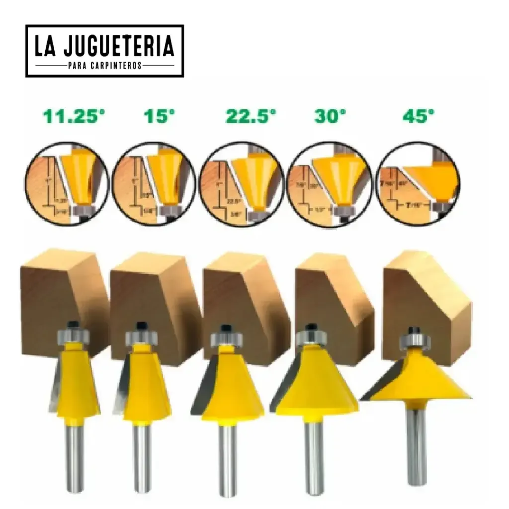 [A2294] Fresa de Chaflán | Ángulos 11.25° , 15º, 22.5º , 30º y 45° | Para Bordes y Biseles en Madera , vástago 1/4"   Ref:P97