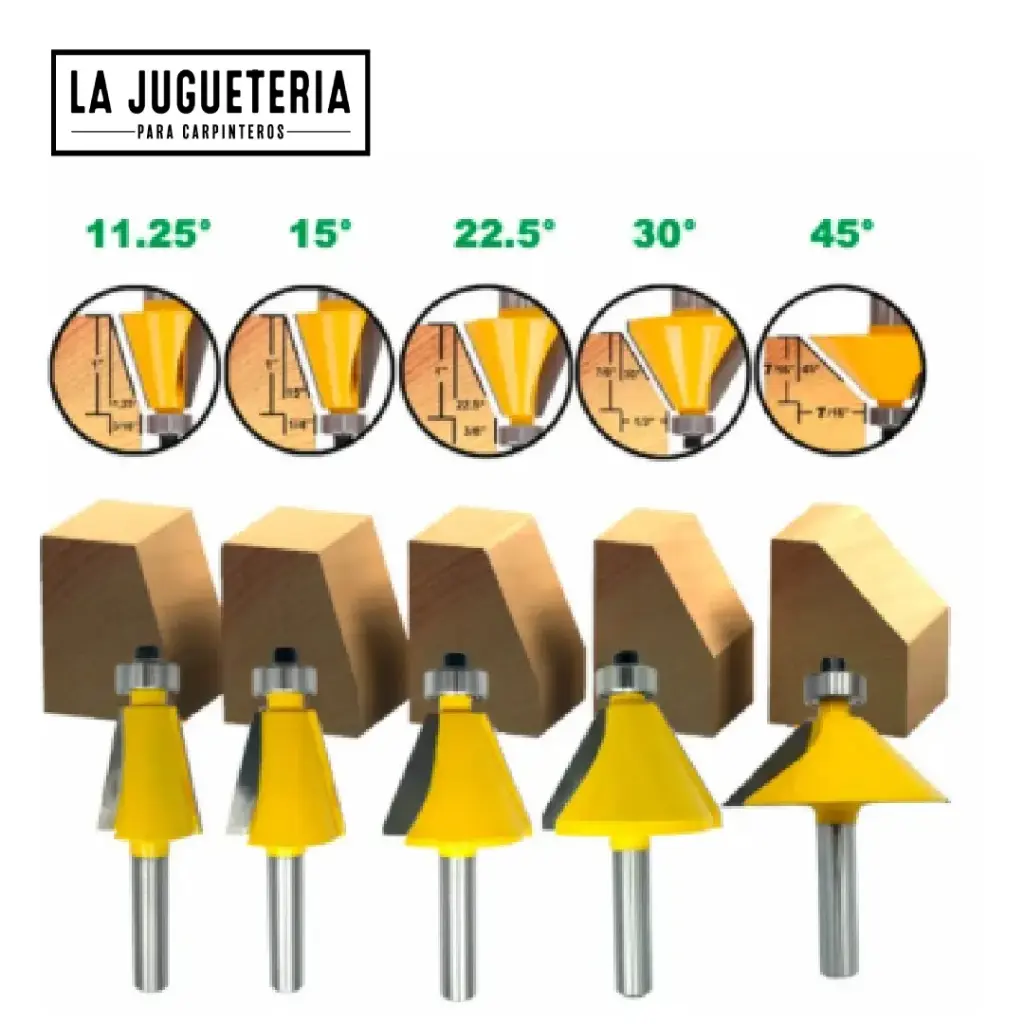 Set de Fresas Biseladoras 11.25° a 45° | Vástago 1/4" | 5 Ángulos para Chaflán y Bordes | Carburo para Madera Ref.P109