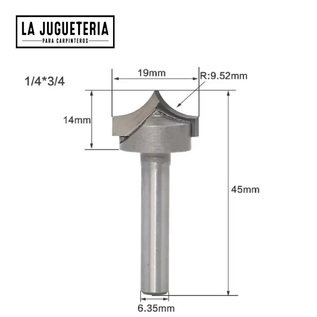 Fresa CNC para Grabado 1/4" x 3/4" | V-bit R9.52 mm Punta Redondeada | Carburo Industrial C3    Ref: P101