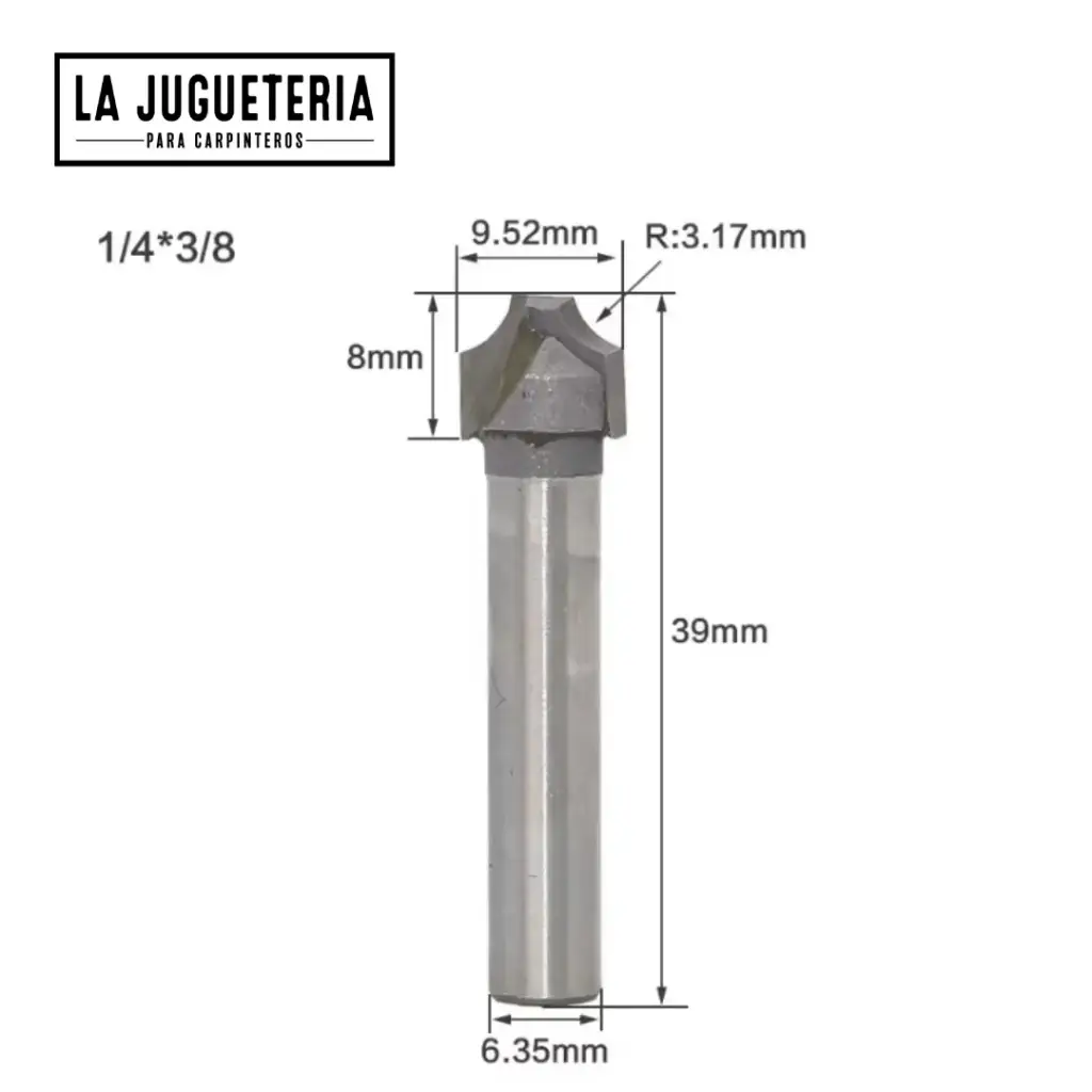 Fresa V-Groove con Punta Plana 1/4" x 3/8" (9.52 mm) | Radio R3.17 mm | Carburo C3 Ref: P104