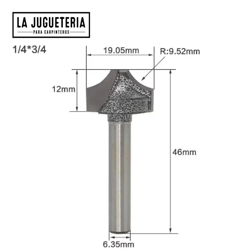 [A1086] Fresa V-Groove Punta Plana 1/4" × 3/4" (19.05 mm) | Radio R9.52 mm | Carburo C3   Ref: P107