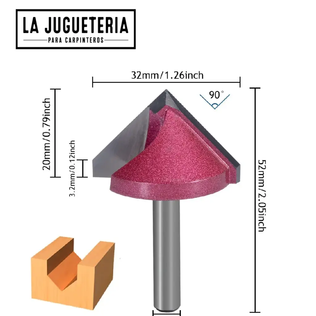 [A2012] Fresa en V 90° para CNC – Diámetro de corte 32 mm, mango 1/4 Ref: P110