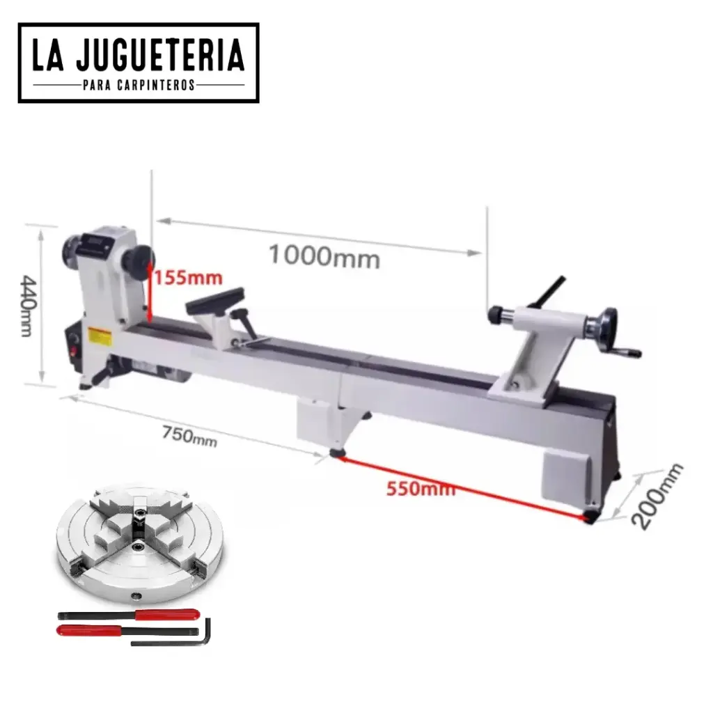 Torno para madera 550W tamaño de trabajo 30 cm x 95cm con cama de extensión