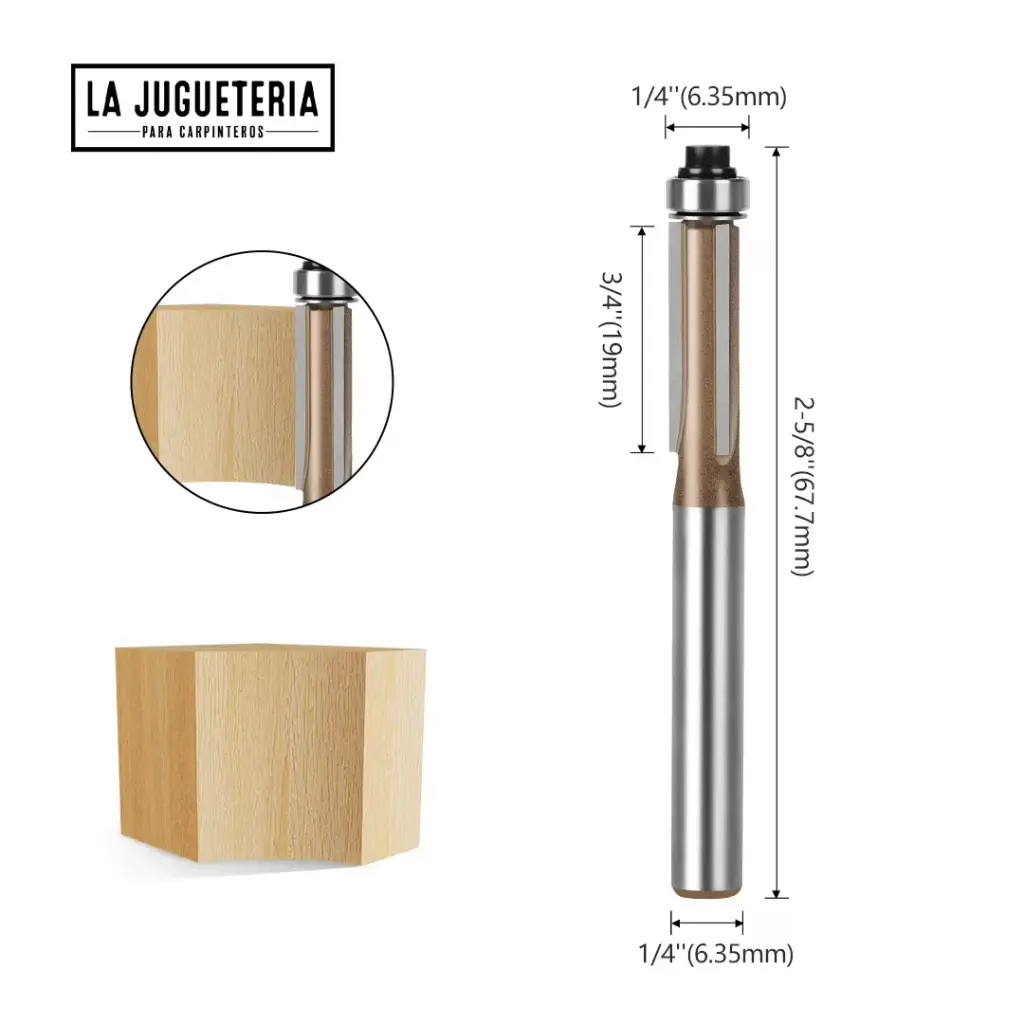 Fresa Recta copiadora con Rodamiento de 1/4" Grosor (6.35mm)– Para Rebajes, Plantillas y Enrasados Ref:P118